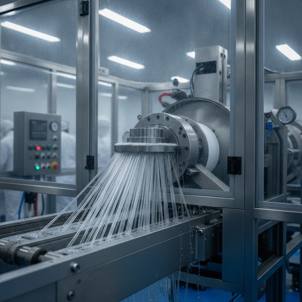 Photorealistic industrial website image for fep capillary tubing: micro bore FEP extrusion line producing clear capillary tubing, no text, no logo, no watermark
