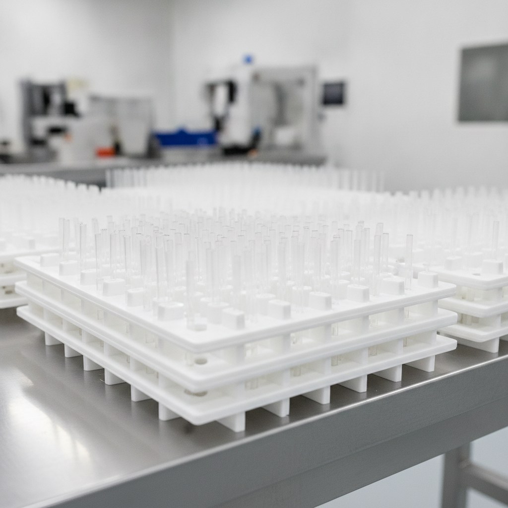 Photorealistic industrial website image for fep capillary tubing: cut-to-length clear FEP capillary sleeves in clean trays, no text, no logo, no watermark