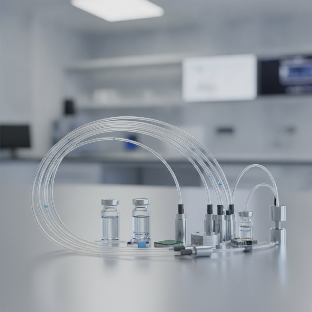 Photorealistic industrial website image for fep capillary tubing: low absorption FEP sample lines connected to small laboratory fluid components, no text, no logo, no watermark