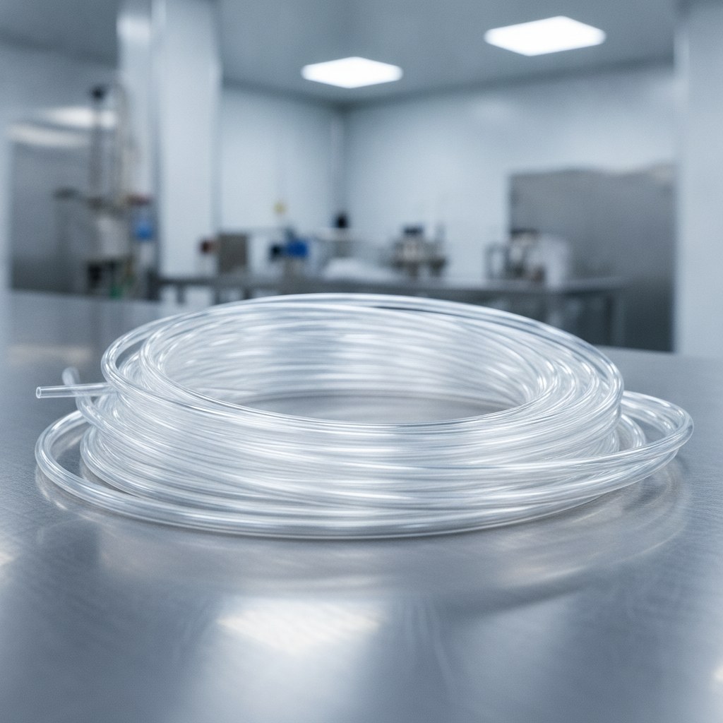 Photorealistic industrial website image for fep capillary tubing: transparent FEP capillary tubing coils with clean industrial lighting, no text, no logo, no watermark