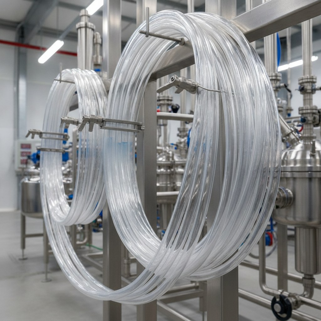 Real industrial website photography of FEP tubing used for chemical transfer lines, no text, no logos, no watermark