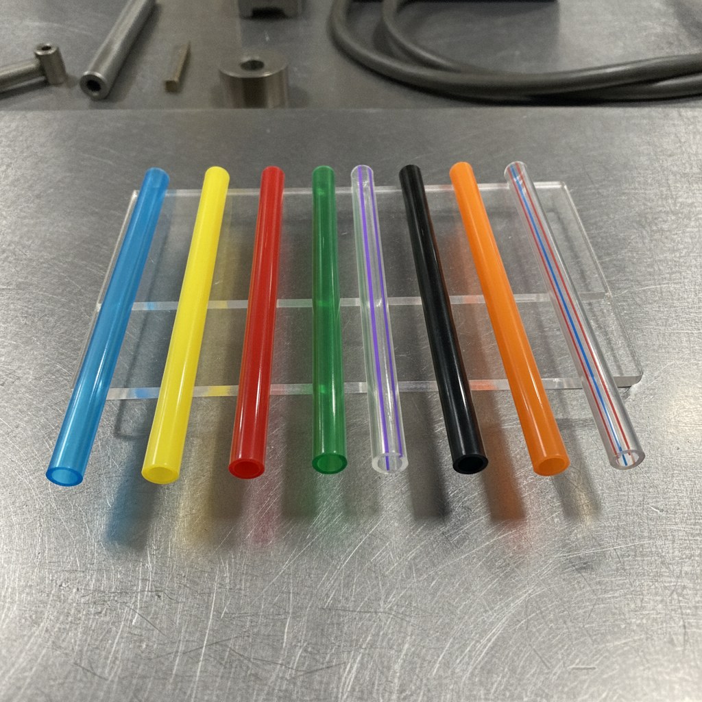 Real industrial website photography of colored FEP tubing identification samples, no text, no logos, no watermark