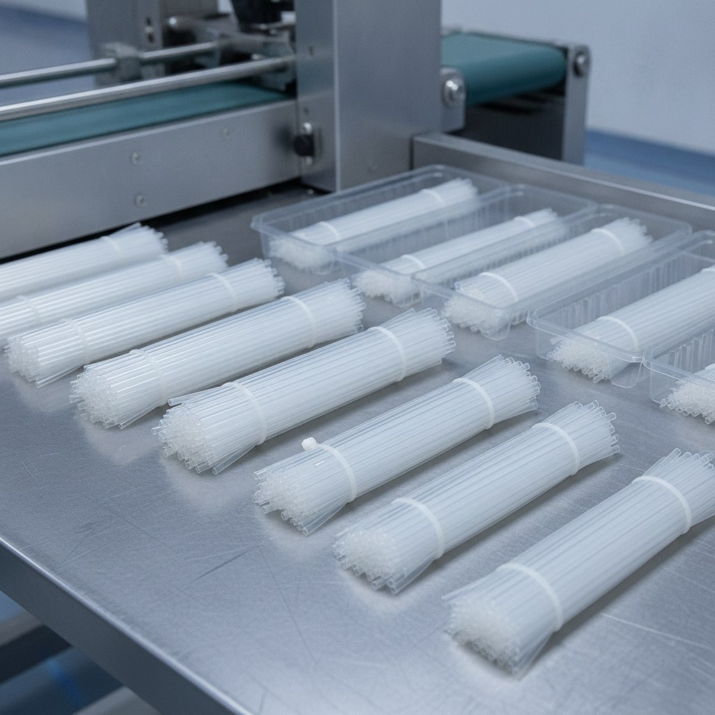 Real industrial website photography of cut to length FEP tubing prepared for OEM assembly, no text, no logos, no watermark