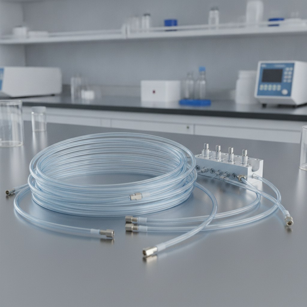 Real industrial website photography of FEP tubing for laboratory analytical instrument fluid routing, no text, no logos, no watermark