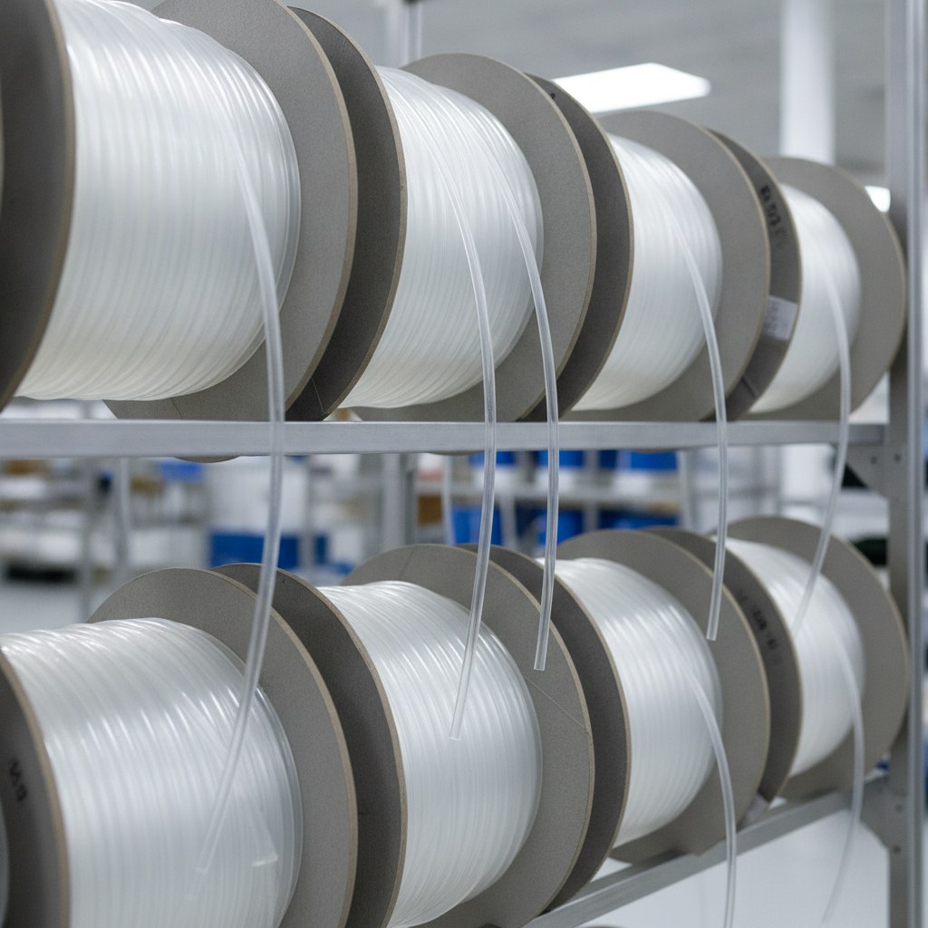Real industrial website photography of standard clear FEP tubing coils, no text, no logos, no watermark