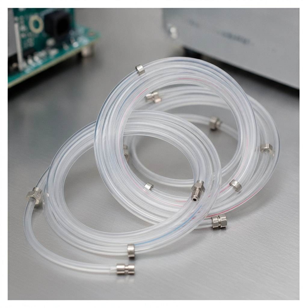 Real industrial website photography of thin wall FEP tubing samples for compact routing, no text, no logos, no watermark
