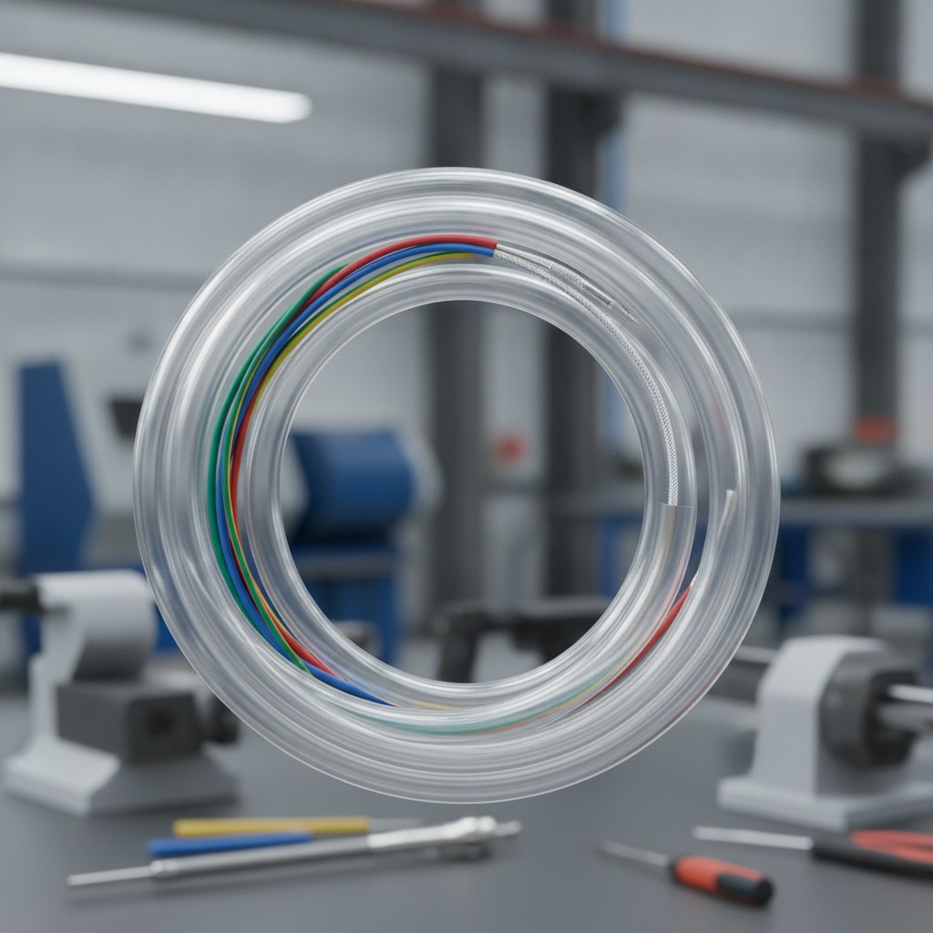 Real industrial website photography of FEP tubing used for wire cable and sensor protection, no text, no logos, no watermark