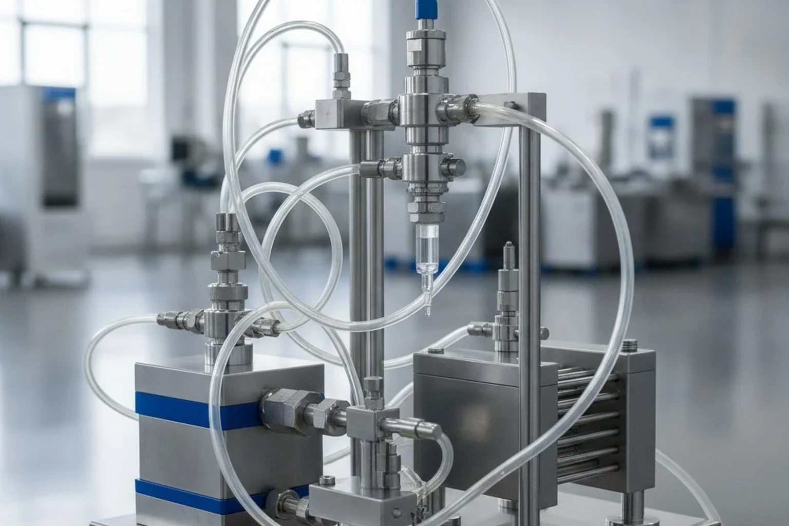 Photorealistic B2B industrial website image showing fluoropolymer tubing in a clean industrial fluid handling application with stainless fittings