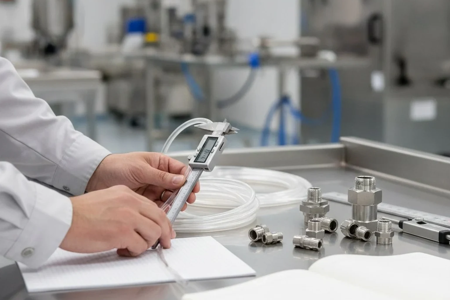 Photorealistic B2B industrial website image for fluoropolymer tubing selection process, engineer measuring tubing with caliper and fittings on a clean workbench