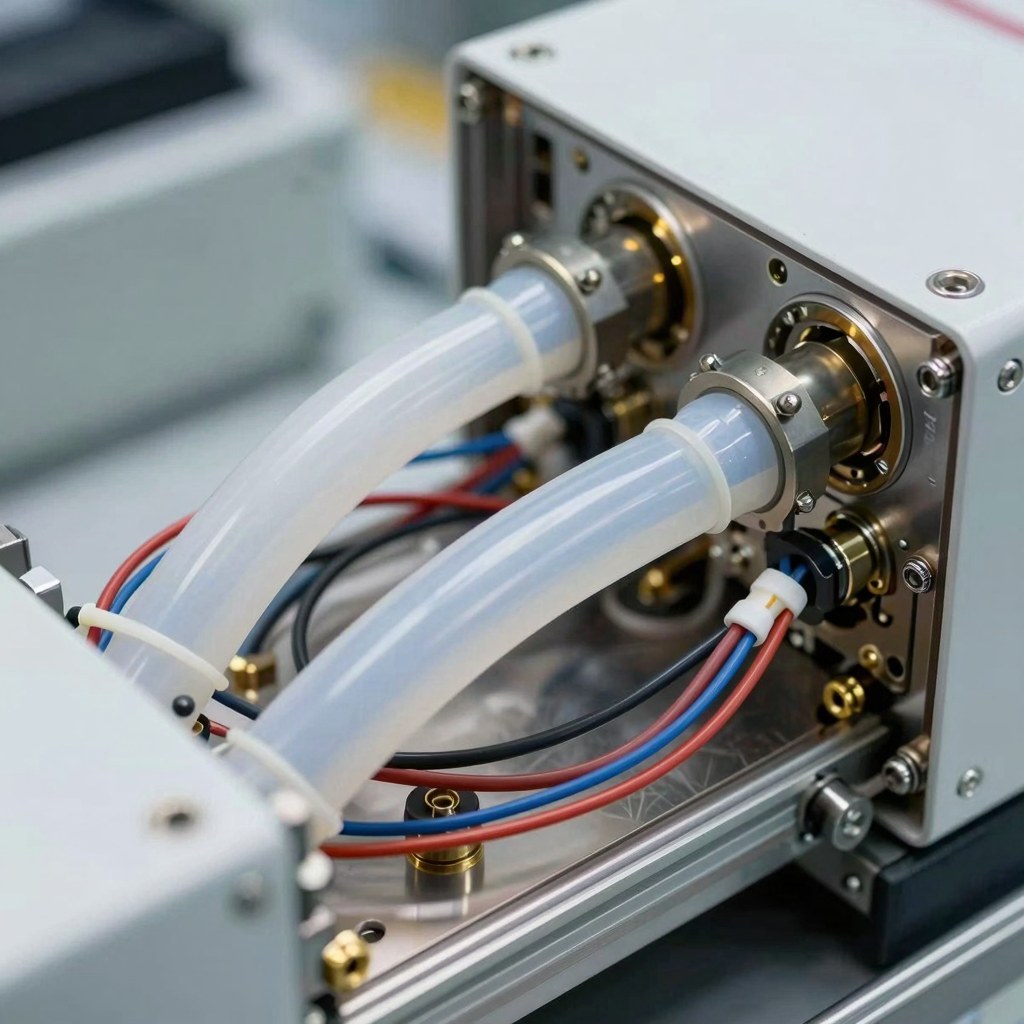 Photorealistic aerospace electronics assembly detail with fluoropolymer tubing and wire protection routed through compact equipment, technical clean industrial lighting, no text, no logo, no watermark