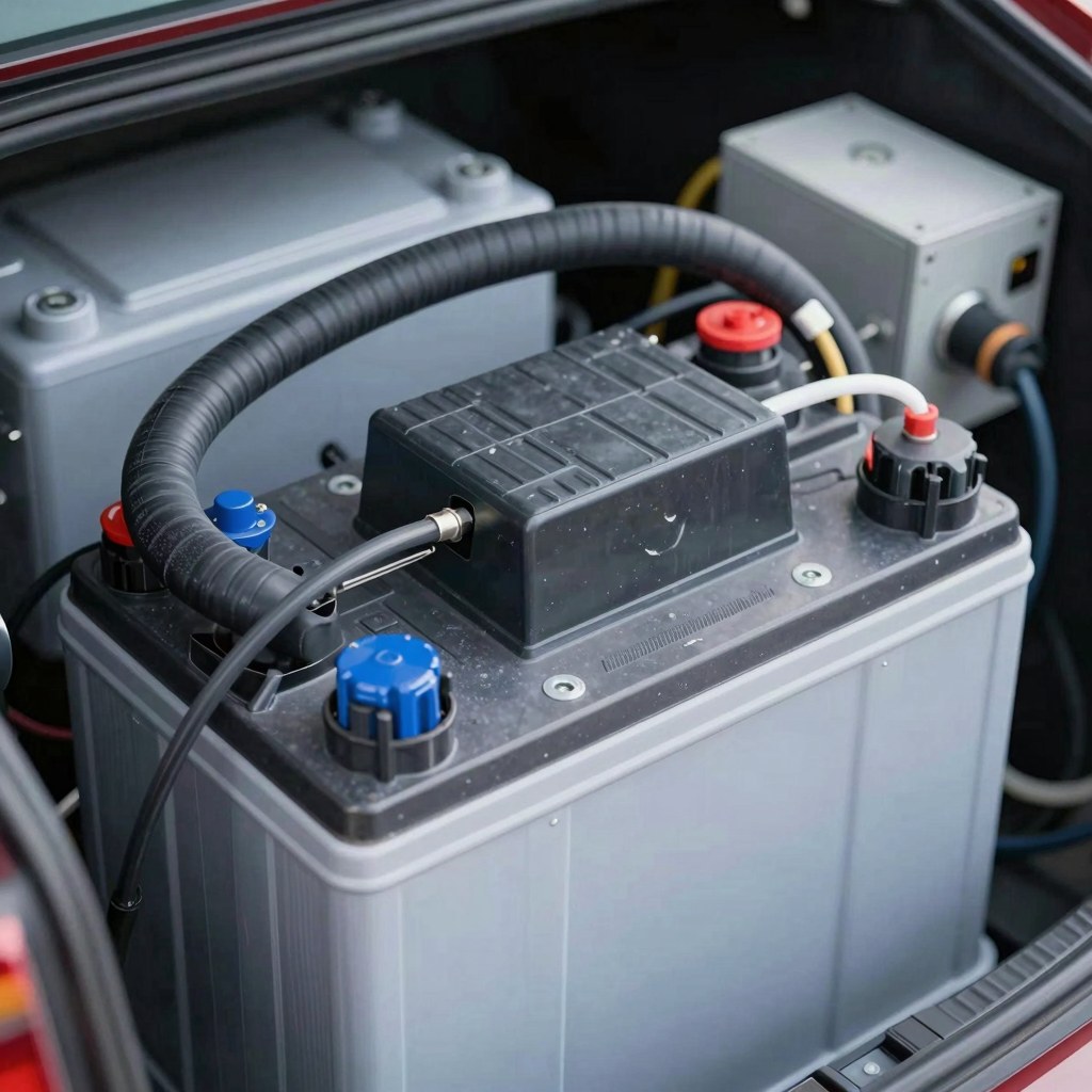 Photorealistic automotive battery system detail with fluoropolymer tubing routed around battery test equipment and cooling components, clean technical environment, no text, no logo, no watermark