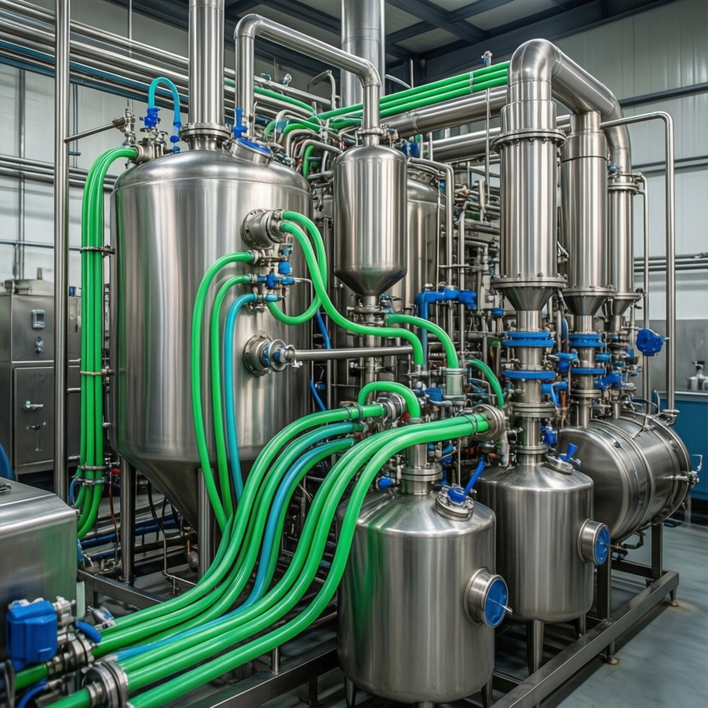 Photorealistic chemical processing equipment with fluoropolymer tubing lines routed between stainless valves and vessels, clean industrial plant detail, no text, no logo, no watermark