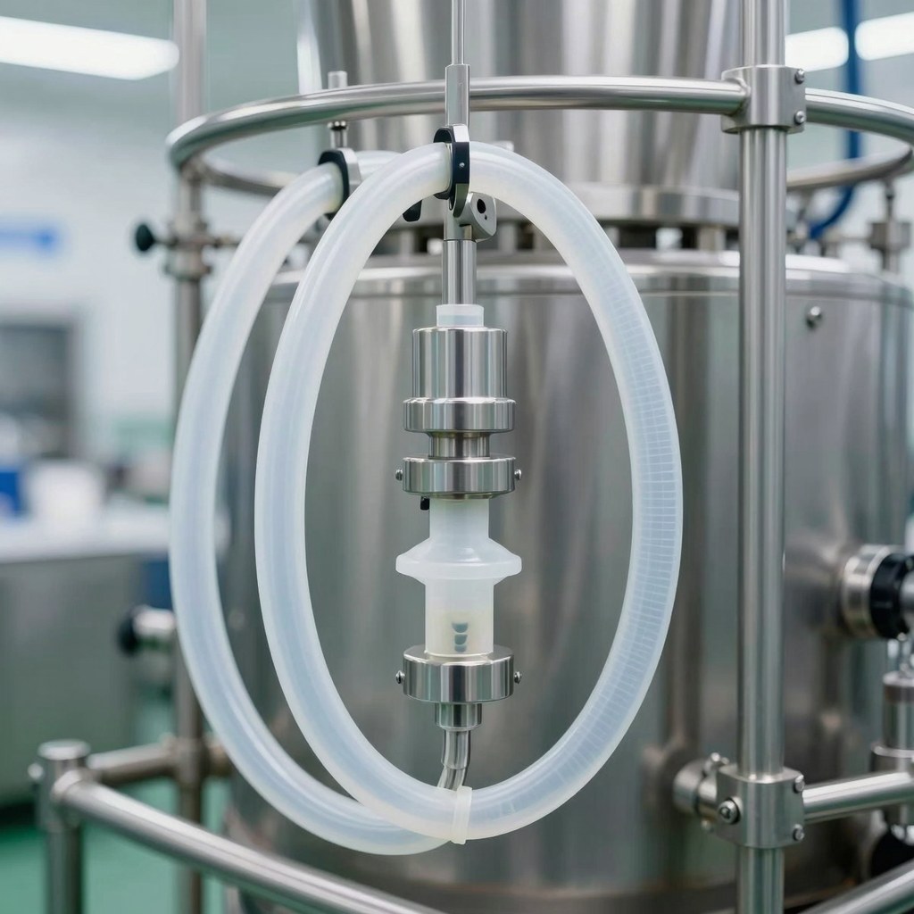 Photorealistic food and beverage processing detail with clean fluoropolymer tubing in sanitary stainless equipment, bright hygienic environment, no text, no logo, no watermark