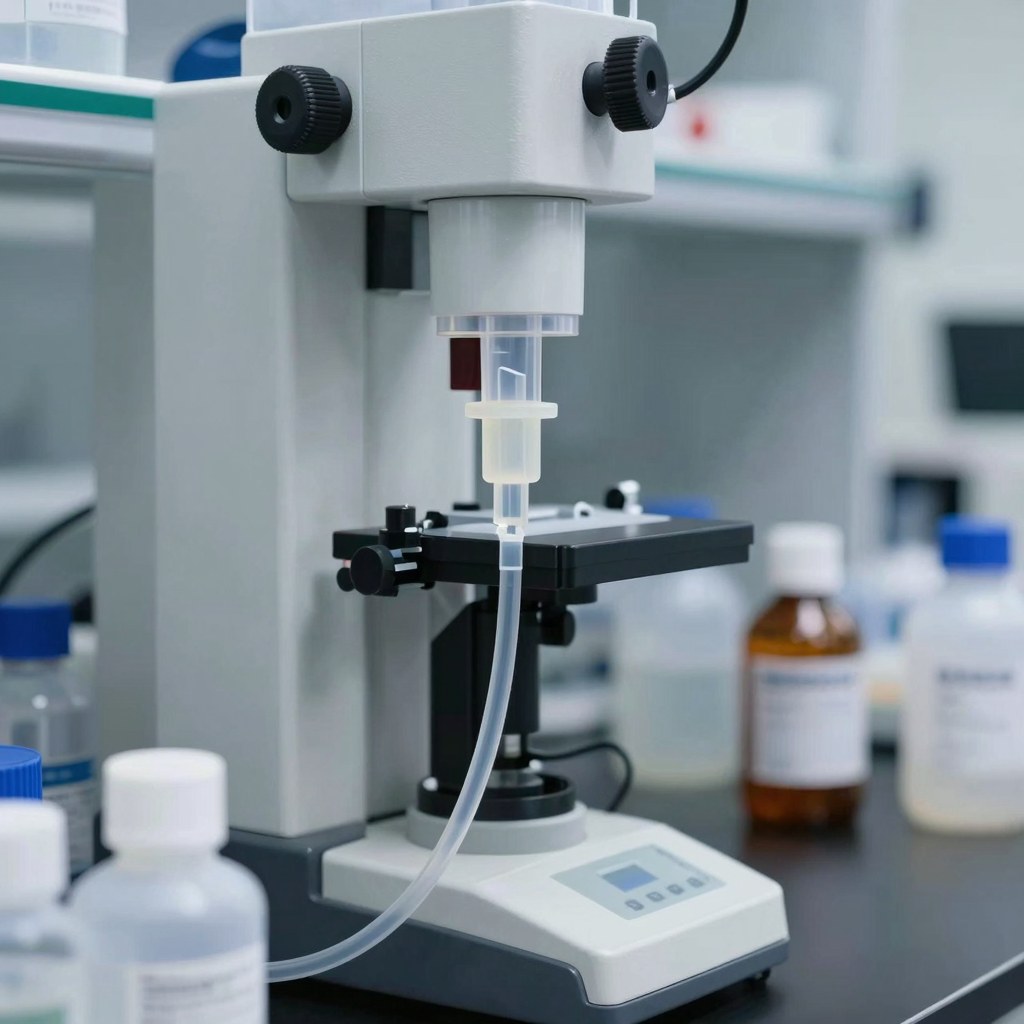 Photorealistic laboratory fluid transfer scene with transparent FEP fluoropolymer tubing connected to analytical instruments and reagent bottles, clean bench, no text, no logo, no watermark