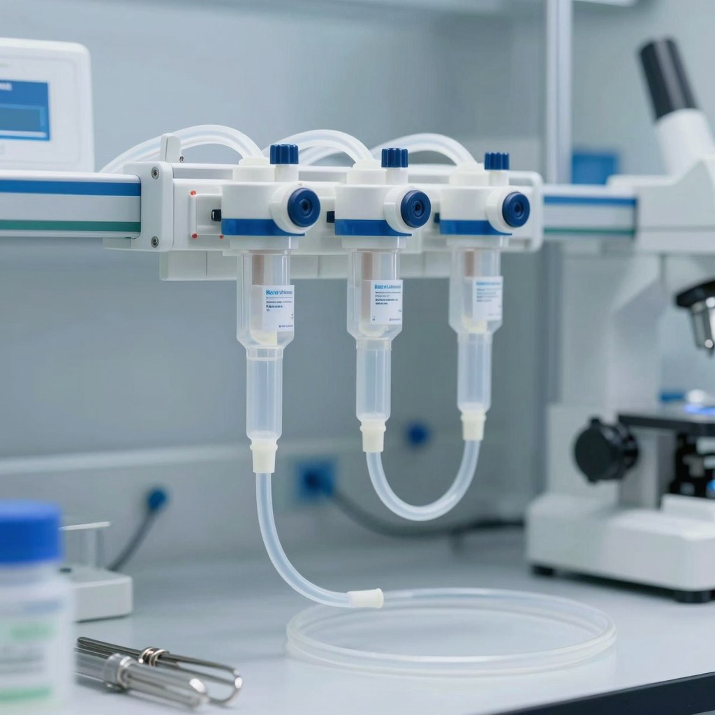 Photorealistic medical pharmaceutical fluid transfer setup with clean fluoropolymer tubing, sterile lab instruments and soft clinical lighting, no text, no logo, no watermark