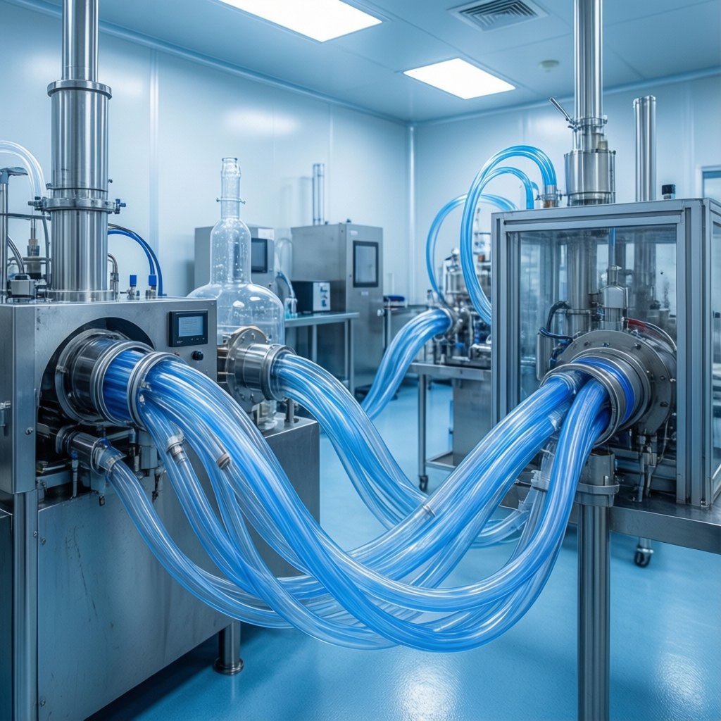 Photorealistic cleanroom semiconductor manufacturing scene with high-purity fluoropolymer tubing connected to chemical transfer equipment, bright sterile environment, no text, no logo, no watermark