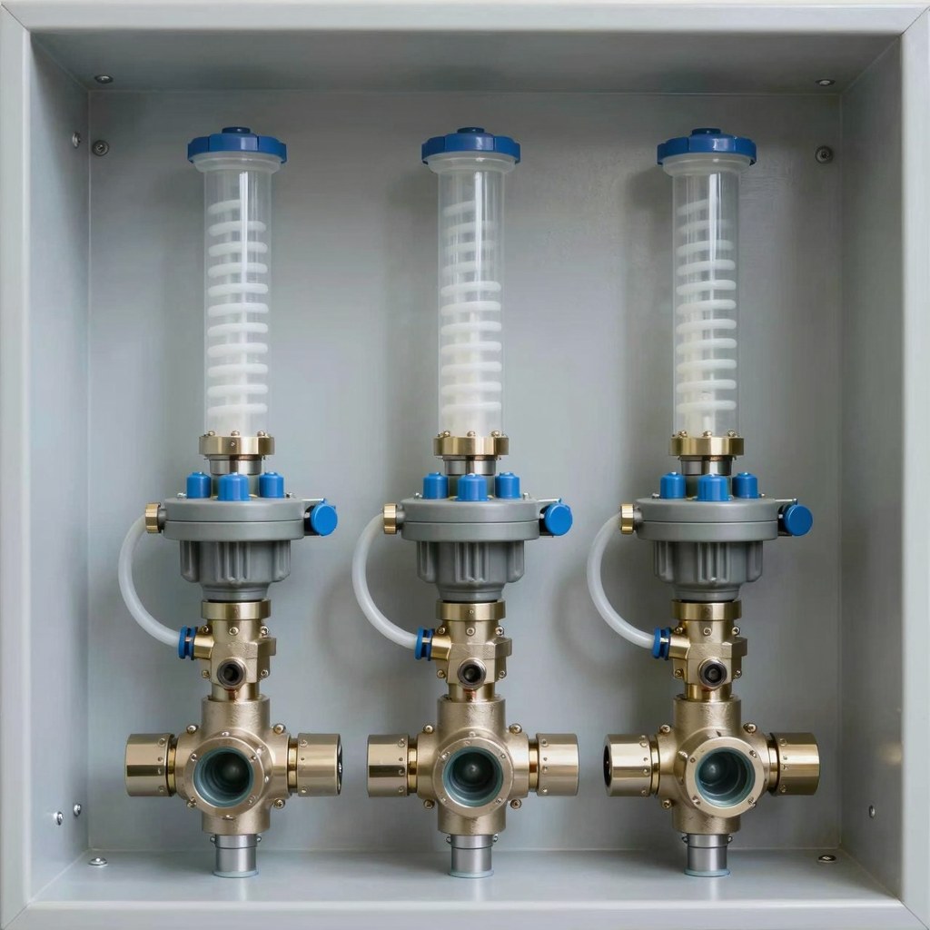 Photorealistic water treatment chemical dosing panel with PVDF fluoropolymer tubing, pumps, valves and clean technical installation, no text, no logo, no watermark