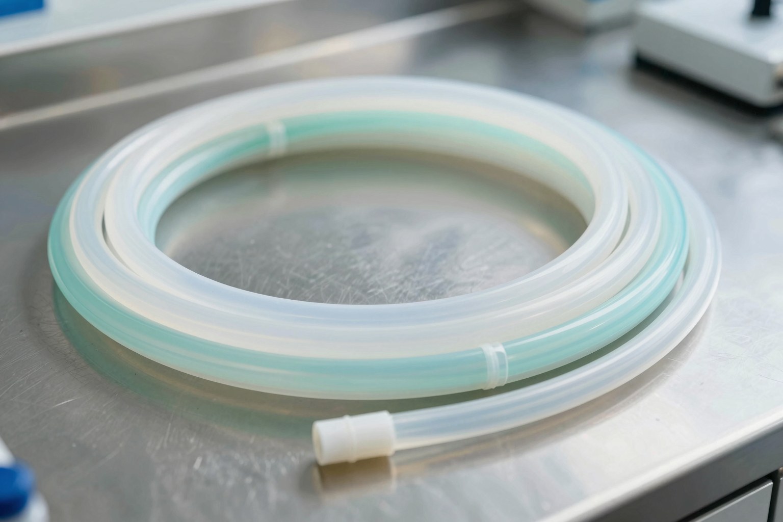 Photorealistic industrial product photography of clean coiled fluoropolymer tubing in translucent white and pale blue, PTFE FEP PFA tubing samples arranged on a stainless steel lab bench, high-purity chemical transfer context, soft natural studio lighting, no text, no logo, no watermark