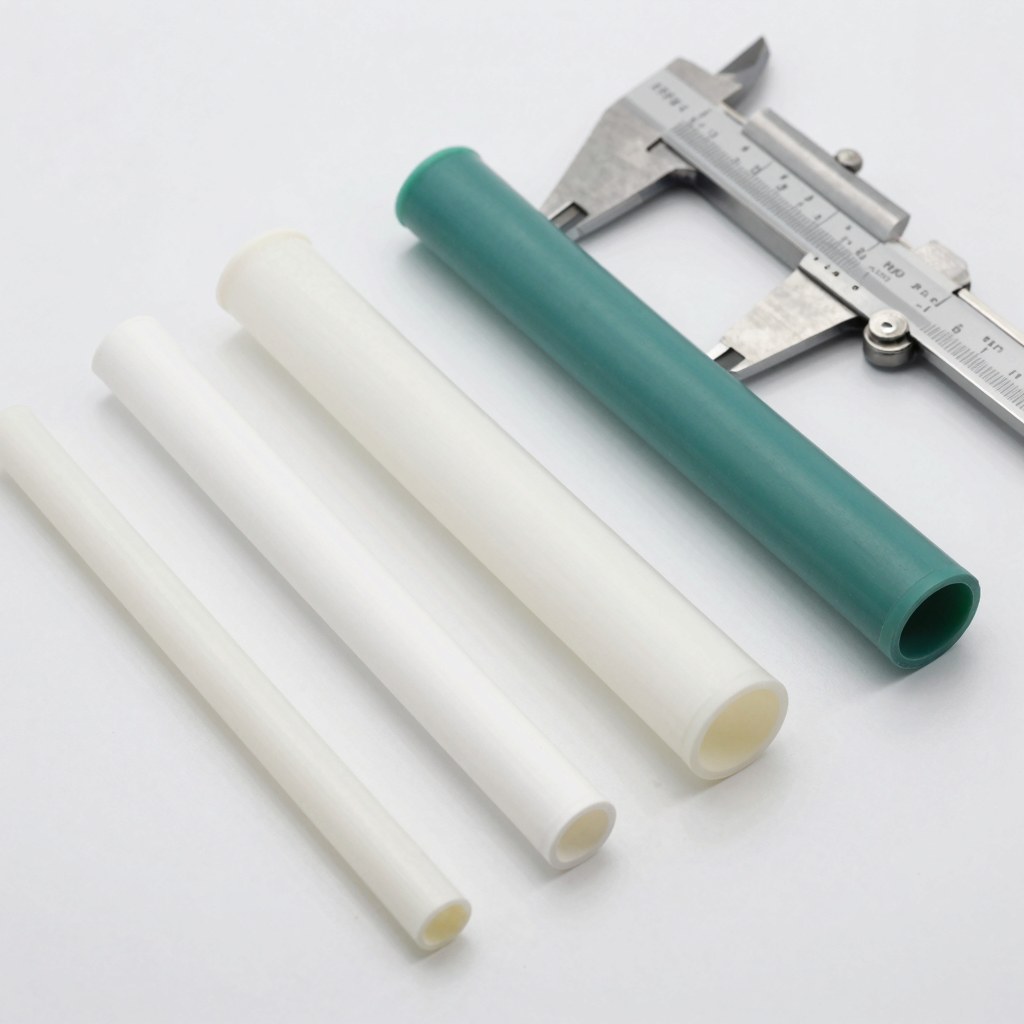 Photorealistic custom extruded fluoropolymer tubing samples in varied diameters and wall thicknesses, precision cut ends, caliper and technical drawing partially visible without readable text, no logo, no watermark