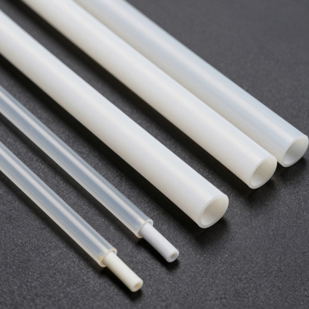 Photorealistic product image of fluoropolymer heat shrink tubing sleeves and cut samples, clean white and translucent tubes arranged with small protected cable segments, industrial catalog lighting, no text, no logo, no watermark