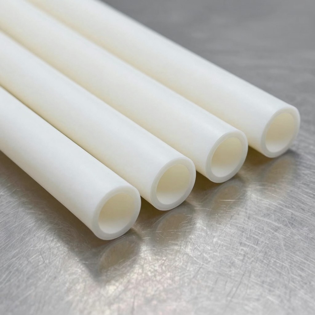 Photorealistic heavy wall fluoropolymer tubing samples with thick visible cross sections, robust industrial product photo on stainless workbench, no text, no logo, no watermark