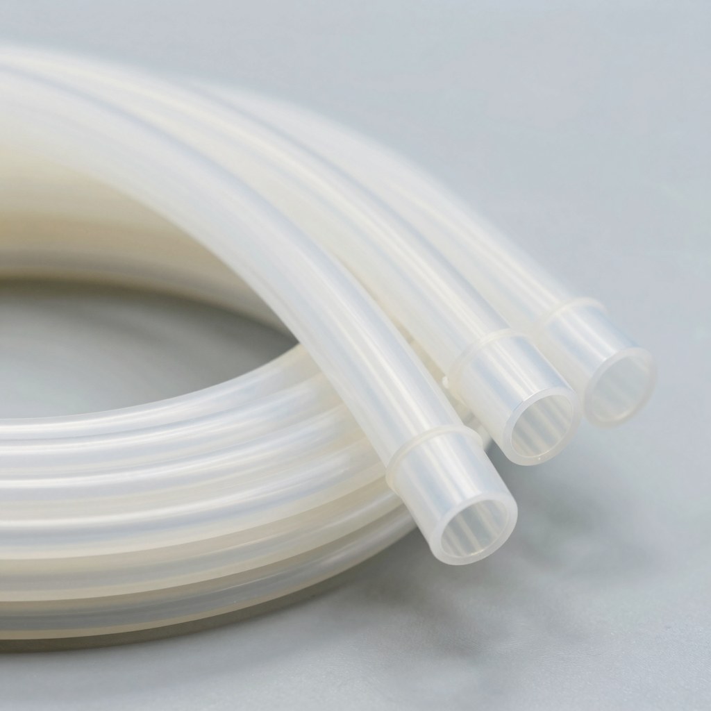 Photorealistic close-up of smooth bore fluoropolymer tubing coils, translucent white PTFE FEP tubes with clean circular openings, industrial product catalog style, bright lab bench, no text, no logo, no watermark