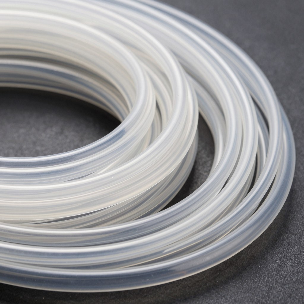 Photorealistic small diameter spaghetti fluoropolymer tubing, fine translucent tube bundles in organized loops, precision instrumentation product style, no text, no logo, no watermark