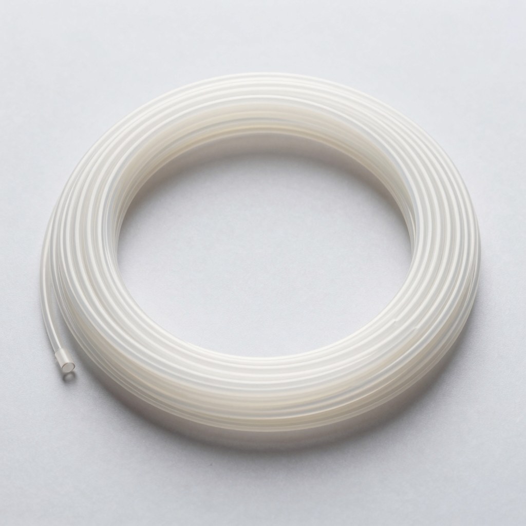 Photorealistic image of thin wall fluoropolymer tubing, delicate translucent coils and small diameter tube sections, clean precision manufacturing aesthetic, soft daylight, no text, no logo, no watermark