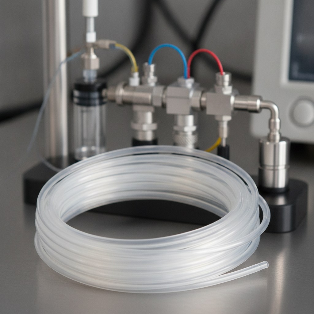 Photorealistic industrial website image for heat shrink fep tubing: transparent FEP heat shrink tubing near analytical instrument fluidic components, no text, no logo, no watermark