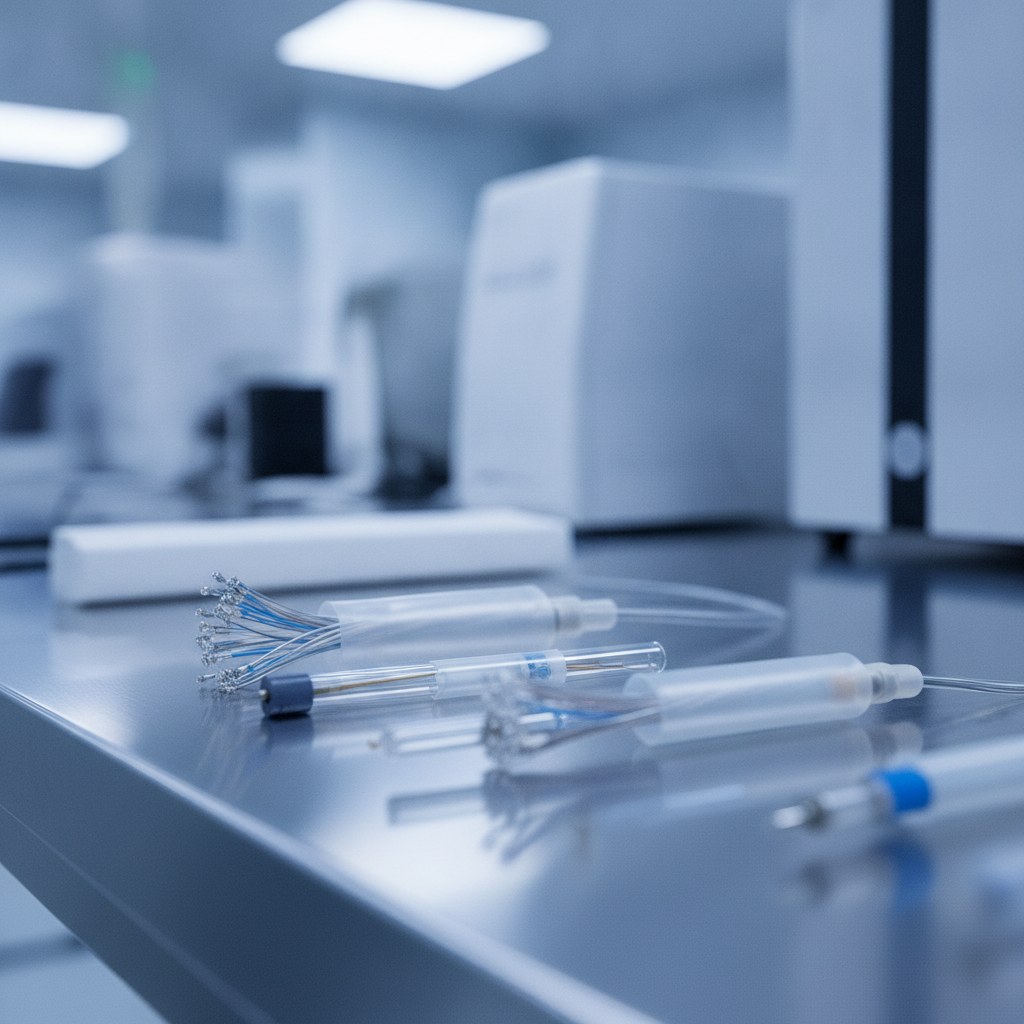 Photorealistic industrial website image for heat shrink fep tubing: transparent FEP shrink sleeves protecting medical device components on a clean bench, no text, no logo, no watermark