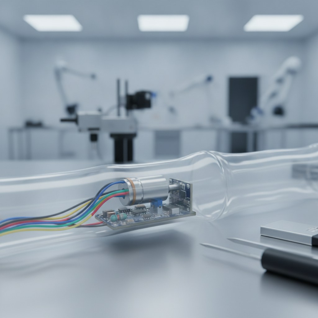 Photorealistic industrial website image for heat shrink fep tubing: FEP heat shrink tubing insulating small sensor and electronics assemblies, no text, no logo, no watermark