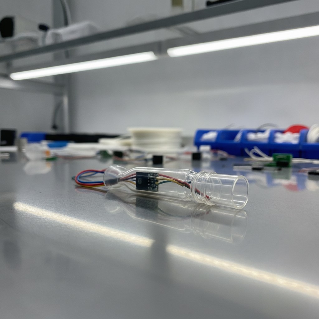 Photorealistic industrial website image for heat shrink fep tubing: transparent FEP heat shrink tubing protecting small industrial components on a clean assembly bench, no text, no logo, no watermark