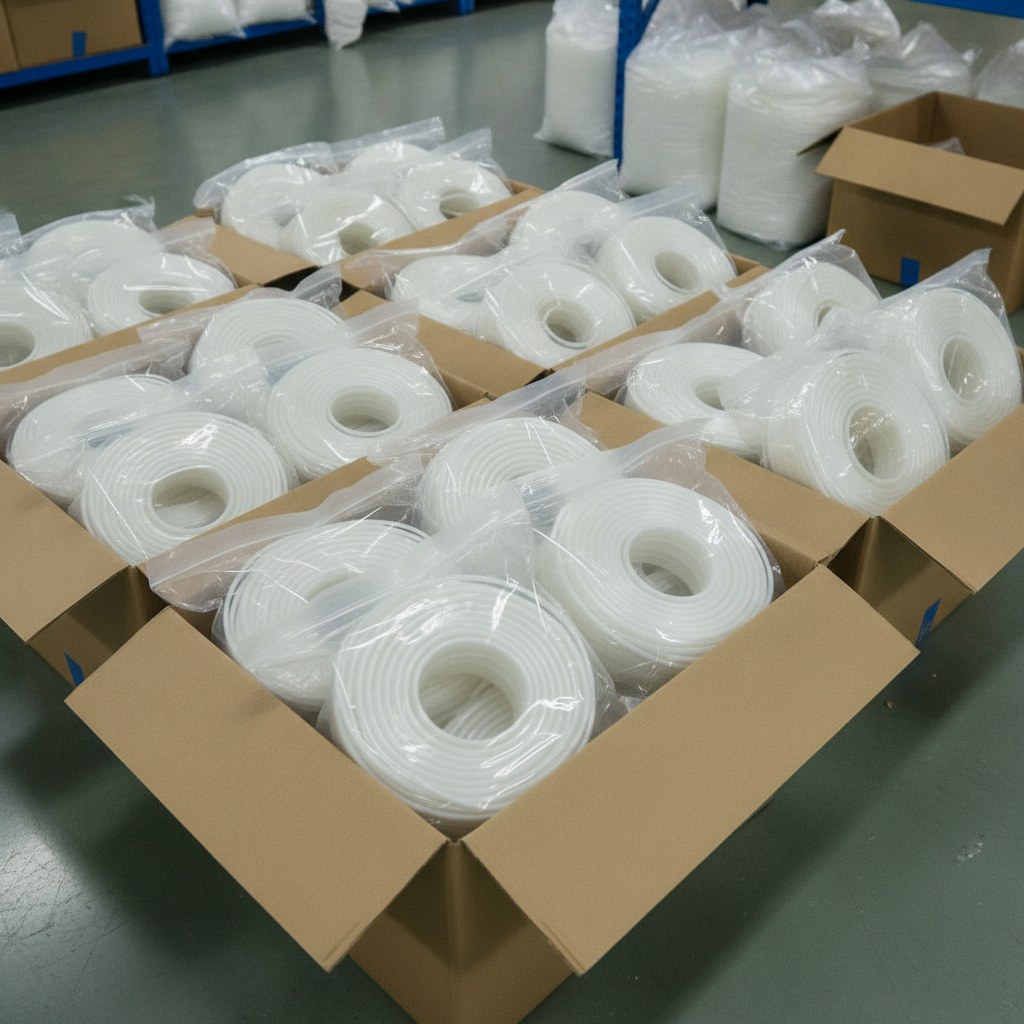 Photorealistic industrial website image for heat shrink fep tubing: clean packing of FEP heat shrink tubing coils in plain unmarked bags and open boxes, no labels, no papers, no forms, no text, no logo, no watermark