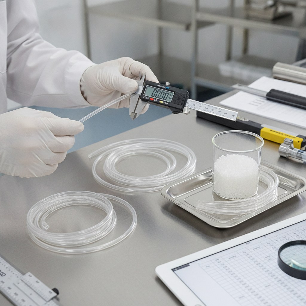 Photorealistic industrial website image for heat shrink fep tubing: FEP resin and clear shrink tube samples being reviewed for size specification, no text, no logo, no watermark