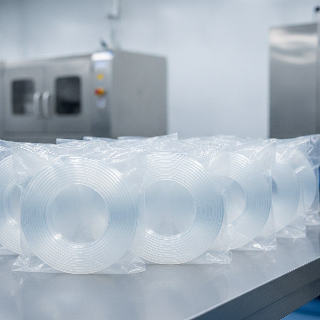 Photorealistic industrial website image for heat shrink fep tubing: clean packed FEP heat shrink tubing in plain unmarked transparent sealed bags, no labels, no papers, no forms, no text, no logo, no watermark