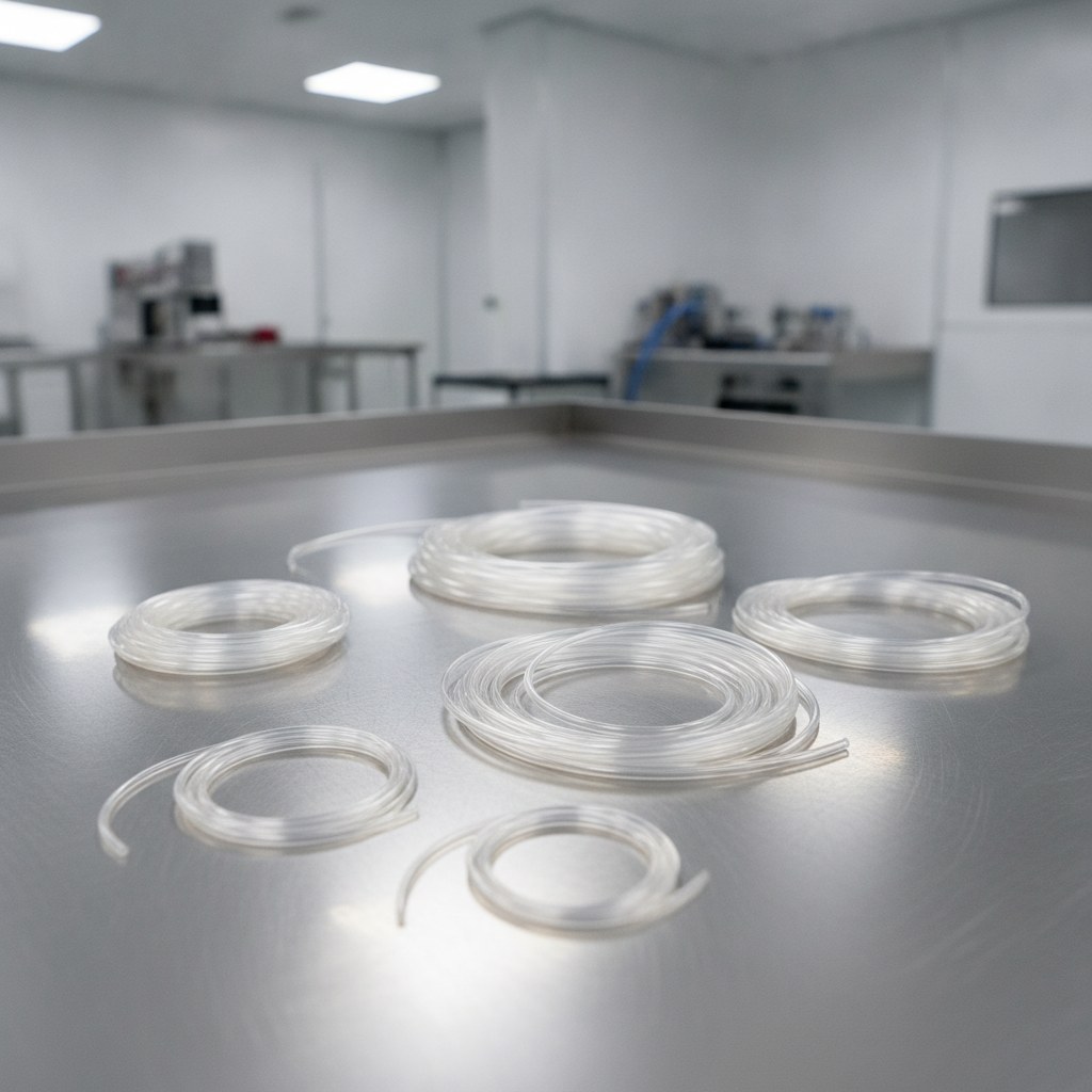 Photorealistic industrial website image for heat shrink fep tubing: clear FEP heat shrink tubing coils on a clean inspection surface, no text, no logo, no watermark