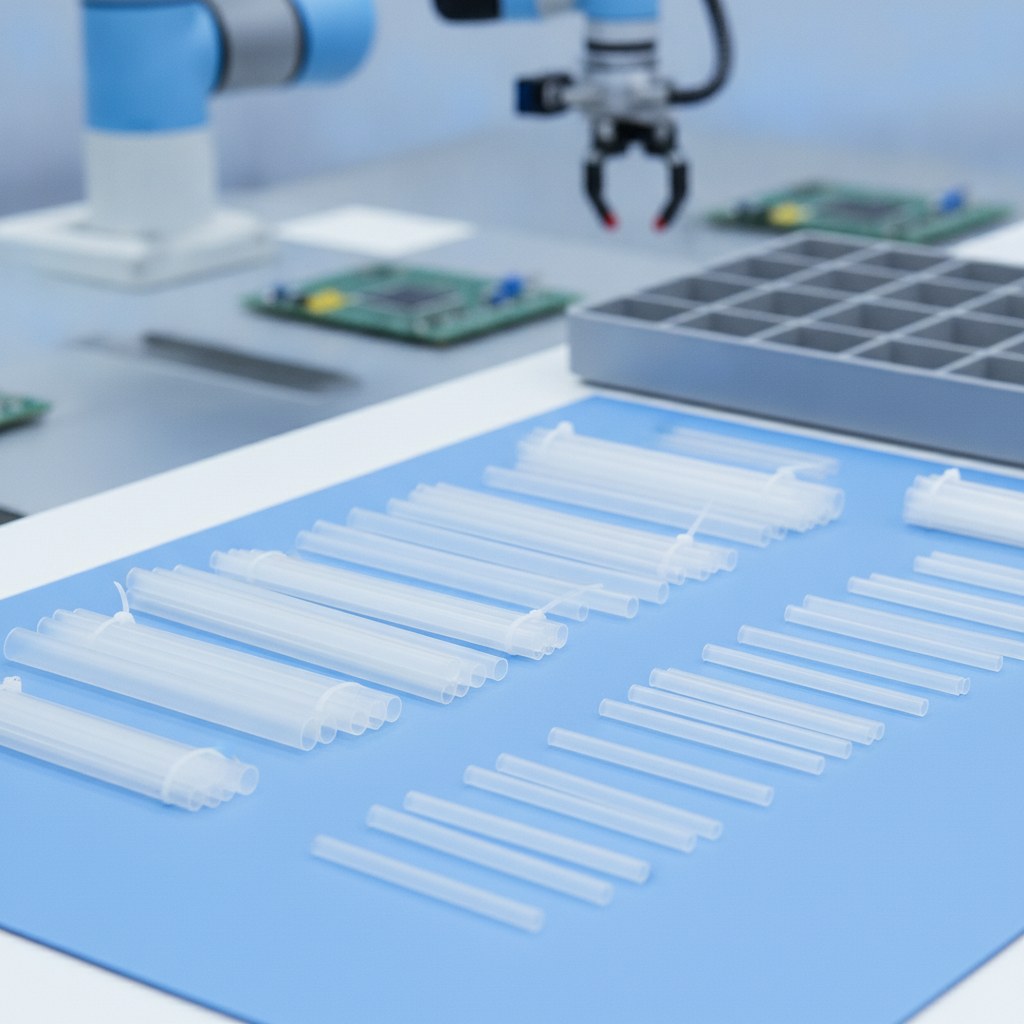 Photorealistic industrial website image for heat shrink fep tubing: cut to length transparent FEP shrink tube segments organized for OEM assembly, no text, no logo, no watermark