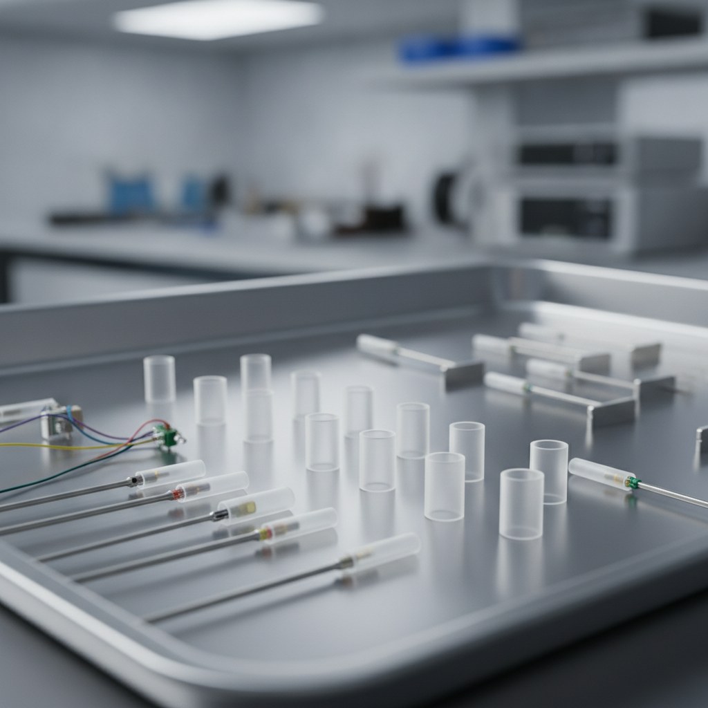 Photorealistic industrial website image for heat shrink fep tubing: precision small ID FEP shrink sleeves prepared for sensor and probe assemblies, no text, no logo, no watermark