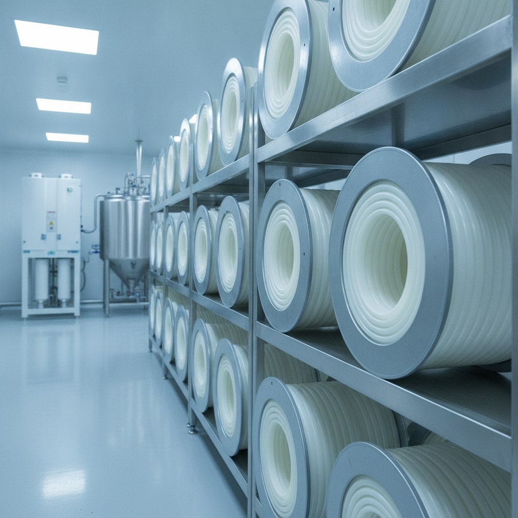 Real industrial website photography of chemical resistant PTFE tubing coils and cut samples in a clean technical workspace, no text, no logos, no watermark