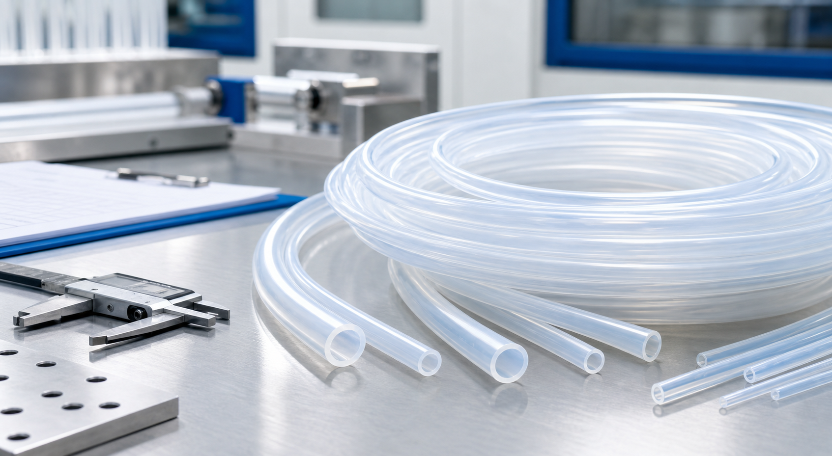 Translucent PFA tubing samples on a clean industrial inspection bench