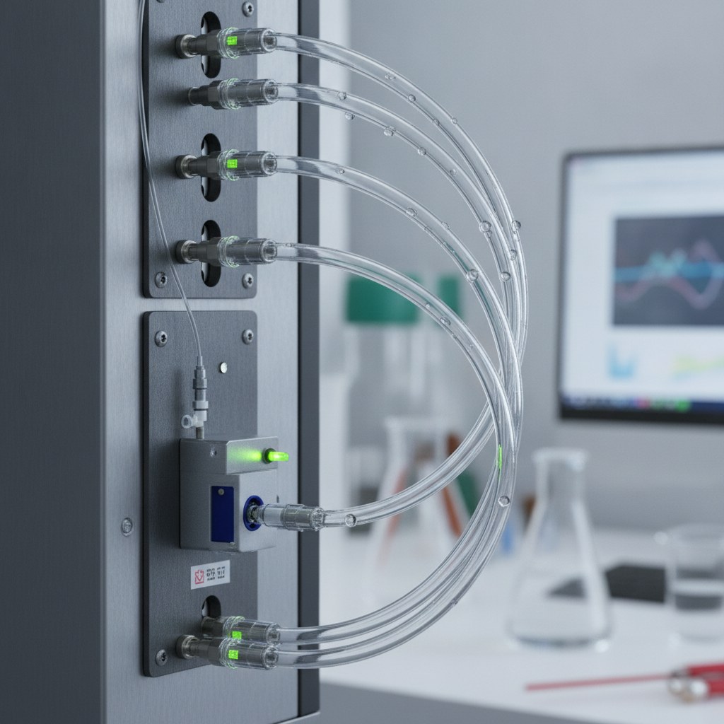 Photorealistic industrial website image for high purity fep tubing: transparent FEP tubing connected to analytical instrument fluidics, no text, no logo, no watermark