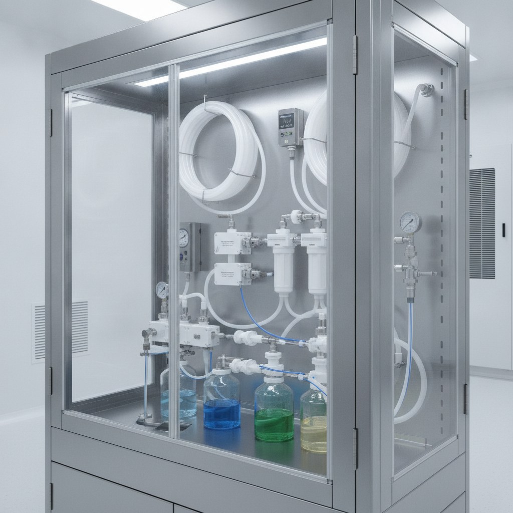 Photorealistic industrial website image for high purity fep tubing: high purity chemical delivery cabinet with FEP tubing and clean fittings, no text, no logo, no watermark