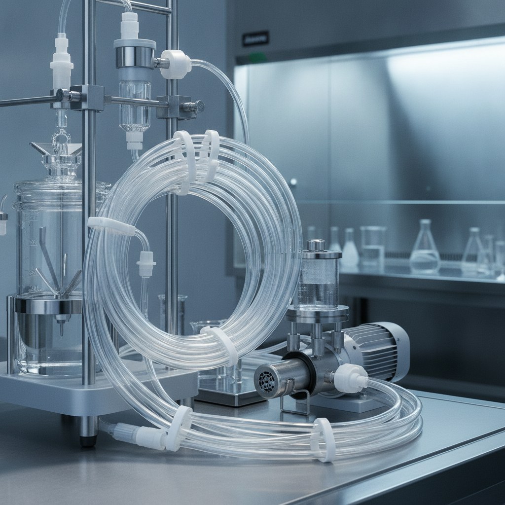 Photorealistic industrial website image for high purity fep tubing: clean FEP fluid transfer tubing in a pharmaceutical process bench scene, no text, no logo, no watermark