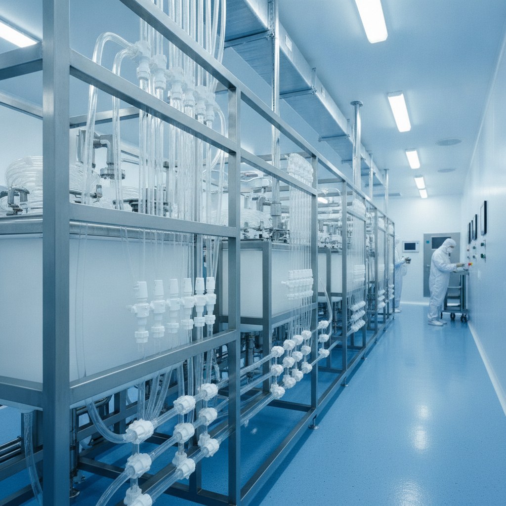 Photorealistic industrial website image for high purity fep tubing: FEP tubing routed in a clean semiconductor wet process fluid area, no text, no logo, no watermark