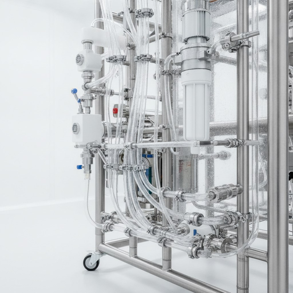 Photorealistic industrial website image for high purity fep tubing: transparent FEP tubing routed in a clean fluid handling system, no text, no logo, no watermark