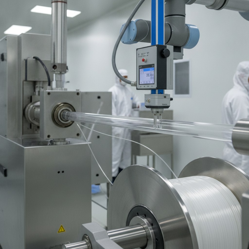 Photorealistic industrial website image for high purity fep tubing: clean extrusion and dimensional inspection of transparent FEP tubing, no text, no logo, no watermark
