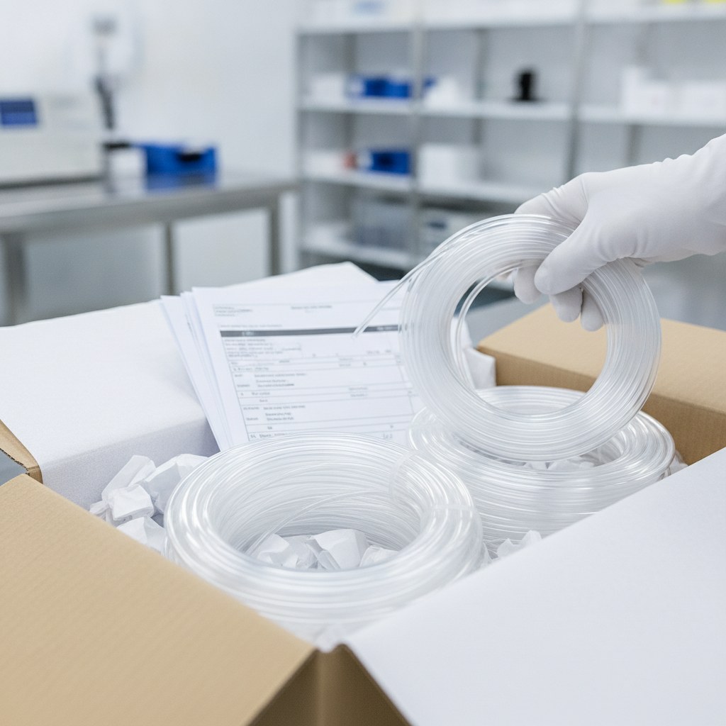 Photorealistic industrial website image for high purity fep tubing: clean FEP tubing coils being packed with batch documents, no text, no logo, no watermark