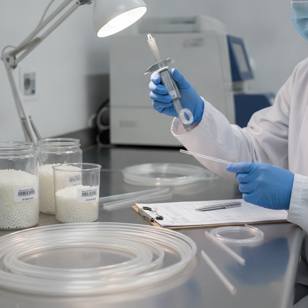 Photorealistic industrial website image for high purity fep tubing: clean FEP resin and tubing samples being reviewed for specification approval, no text, no logo, no watermark