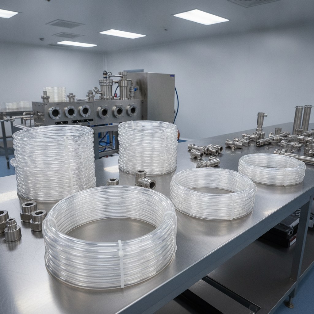 Photorealistic industrial website image for high purity fep tubing: custom high purity FEP tube sets coiled and prepared for equipment assembly, no text, no logo, no watermark