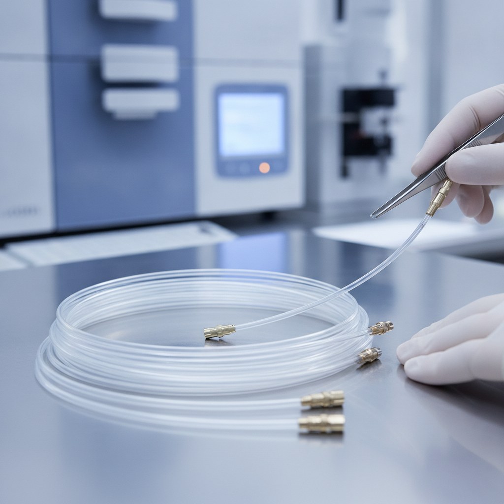 Photorealistic industrial website image for high purity fep tubing: precision small ID FEP lines prepared for clean analytical equipment, no text, no logo, no watermark